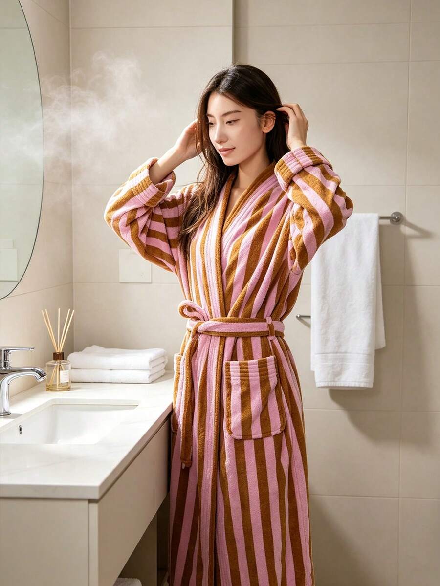 Women's Autumn/Winter Long Bathrobe: Retro Striped Tie Design, Thick Flannel Fabric, Highly Absorbent, Soft And Comfortable, Suitable For Home And Bathroom Wear, Machine Washable. - Multicolor - View 1