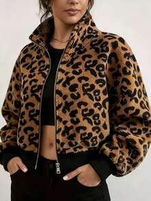 Vintage Leopard Print Teddy Fleece Cropped Jacket, Loose Waist-Barring Slimming Warm Streetwear Coat For Autumn/Winter - Brown - View 1