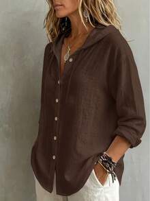 Women's Solid Color Shirt, Casual Style, Single-Breasted Design, With Drawstring Hood And Long Sleeves, Loose And Comfortable Fit, Suitable For Daily Wear, Gatherings And Office Occasions. - Coffee Brown - View 2