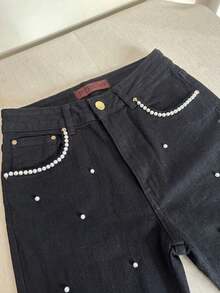 pthirillo Women's Black Flare Jeans With Rhinestones, High Waist, Butt-Lifting, Premium Shine - 口袋珍珠和斑點珍珠 - 查看 6