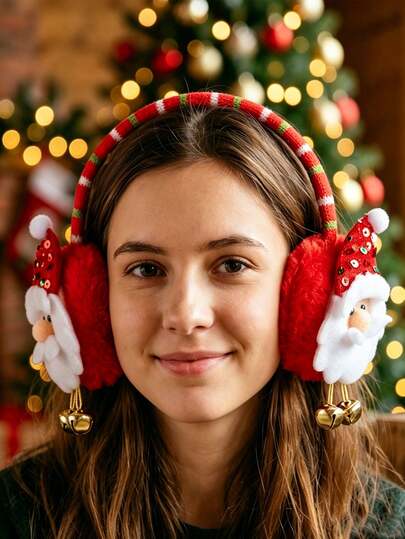 5/1 pieza Orejeras de peluche de Papá Noel navideñas con cascabeles, accesorio de disfraz festivo de tela suave para fiesta de Navidad, cubiertas de orejas cálidas y peludas para reuniones festivas, uso diario de invierno al aire libre, calentadores de orejas decorativos navideños para adultos