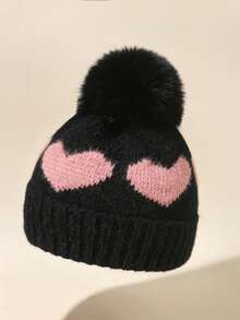 1pc Baby Girl Newborn Toddler Pom-Pom Heart Beanie Hat Earflap Hat,Cozy Knit Winter Warm Heart Cute Hat For Kids, Outdoor Baby Accessories Bonnet - Multicolor - View 8