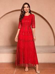JINLICX Elegant Red Rhinestone Chiffon Formal Evening Maxi Dress - Red - View 2