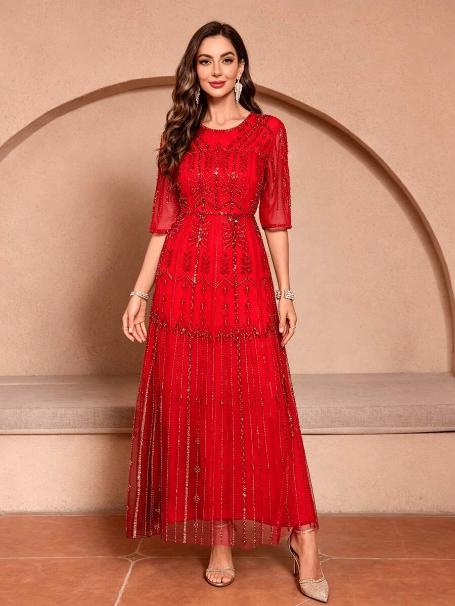 JINLICX Elegant Red Rhinestone Chiffon Formal Evening Maxi Dress