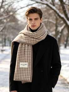 1pc Men's Houndstooth Plaid Knit Scarf, Thick Warm Reversible Wear, Winter Business Commute Daily Fashion Accessory - Multicolor - View 5