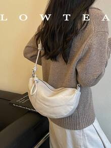1 buah Tas Bahu Wanita Model Bulan Sabit Gaya Vintage dari Bahan PU Warna Polos dengan Jahitan Patchwork dan Penutup Resleting, Cocok untuk Pemakaian Sehari-hari dan Gaya Jalanan - Putih - View 6