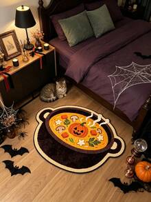 1 pieza Alfombra con forma de olla de sopa negra y calabaza, estilo Halloween, Halloween, felpudo exterior, alfombra de cocina, decoración del hogar, alfombra de área, alfombra de jardín, alfombra lavable - Negro - Ver 2