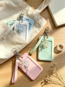 Cute Solid Color ID Card Holder, Crystal Iris Flower Pendant & Polka Dot Wrist Strap Card Sleeve - Student Campus Card/Bus Card Protective Cover/Meal Card Anti-Loss Protector/Access Card Holder, Unisex Portable ID Card Pouch Keychain, Phone & Bag Accessory Pendant, Back To School Essential, Exquisite Gift For Friends & Family, Birthday & Teacher's Day Gift - Multicolor - View 5