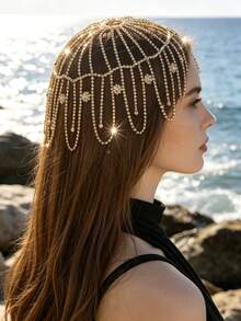 Bohemian Fashion Multi-Layer Tassel Rhinestone Hollow Head Chain, Glamorous Banquet Ball Women's Shiny Jewelry Accessory - Gold - View 3