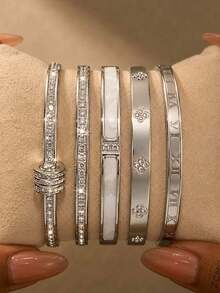 ZCNC 5pcs/Set Personalized Multi-Color Stainless Steel Bracelet Set, Unique Design, Fashionable, Multi-Element Design, Exquisite Ideal Gift, Non-Fading Jewelry, Stylish - Silver 2 - View 3