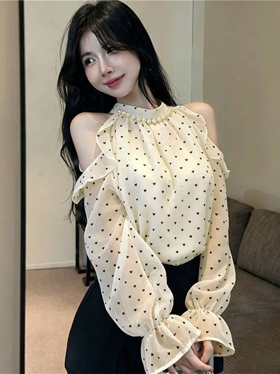French Style Pearl Halter Neck Cold Shoulder Chiffon Blouse, Autumn Flared Long Sleeve Loose Elegant Youthful Top