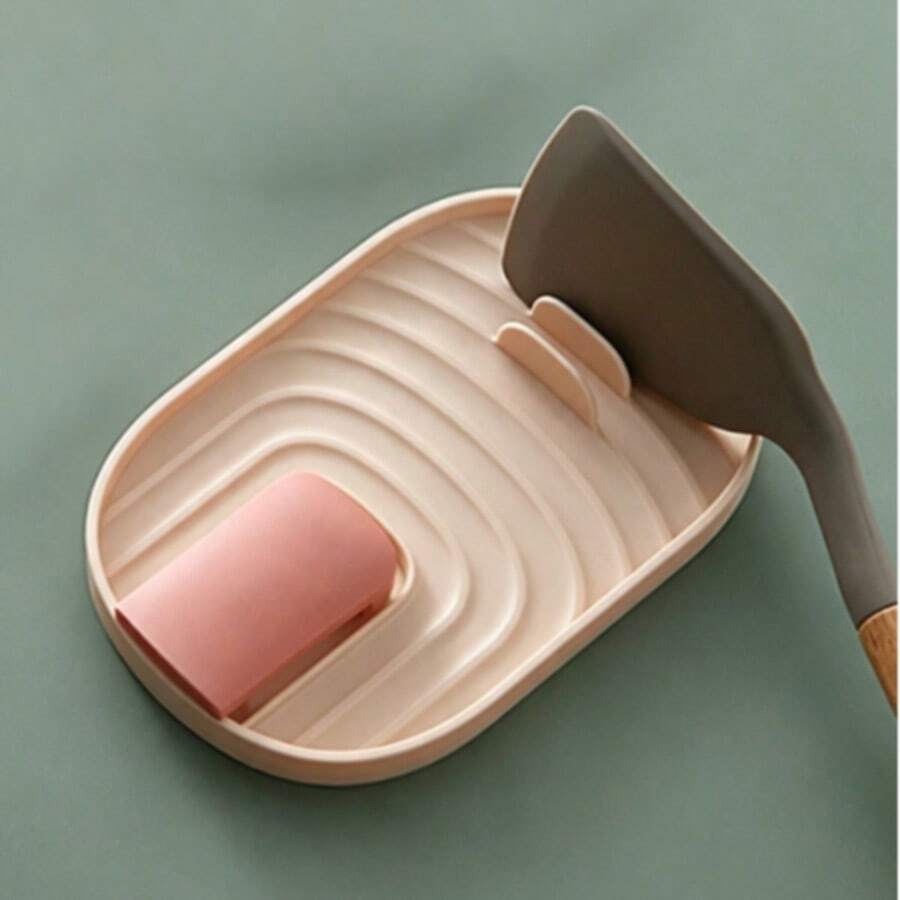 1pc Kitchen Folding Pot Lid & Spatula Storage Rack With Drainer - Pink - View 1