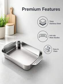 1pc Thickened Double Handle Stainless Steel Deep Baking Pan, Large Rectangular Hot Pot Serving Tray, Fruit Pizza Platter, Smooth And Easy To Clean, Suitable For Grilled Fish, Mixed Seafood, Shellfish, Hot Pot, Indoor BBQ, Party Banquet, Buffet, Home And Restaurant Use, Perfect For Food Preparation - Square Fish Roasting Pan - View 12