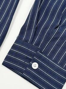 WAIT HIM Men's Casual Striped Long Sleeve Shirt, Polyester Blend - Navy Blue - View 8