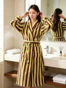 Women's Autumn/Winter Long Bathrobe: Retro Striped Tie Design, Thick Flannel Fabric, Highly Absorbent, Soft And Comfortable, Suitable For Home And Bathroom Wear, Machine Washable. - Multicolor - View 2