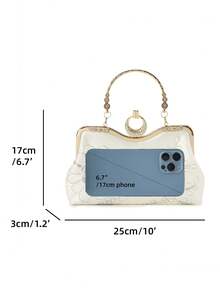 Elegant Ivory Floral Embroidered Evening Bag, Women's Rhinestone Ring Clasp Top Handle Clutch Purse For Wedding Party & Prom - Ivory - View 4