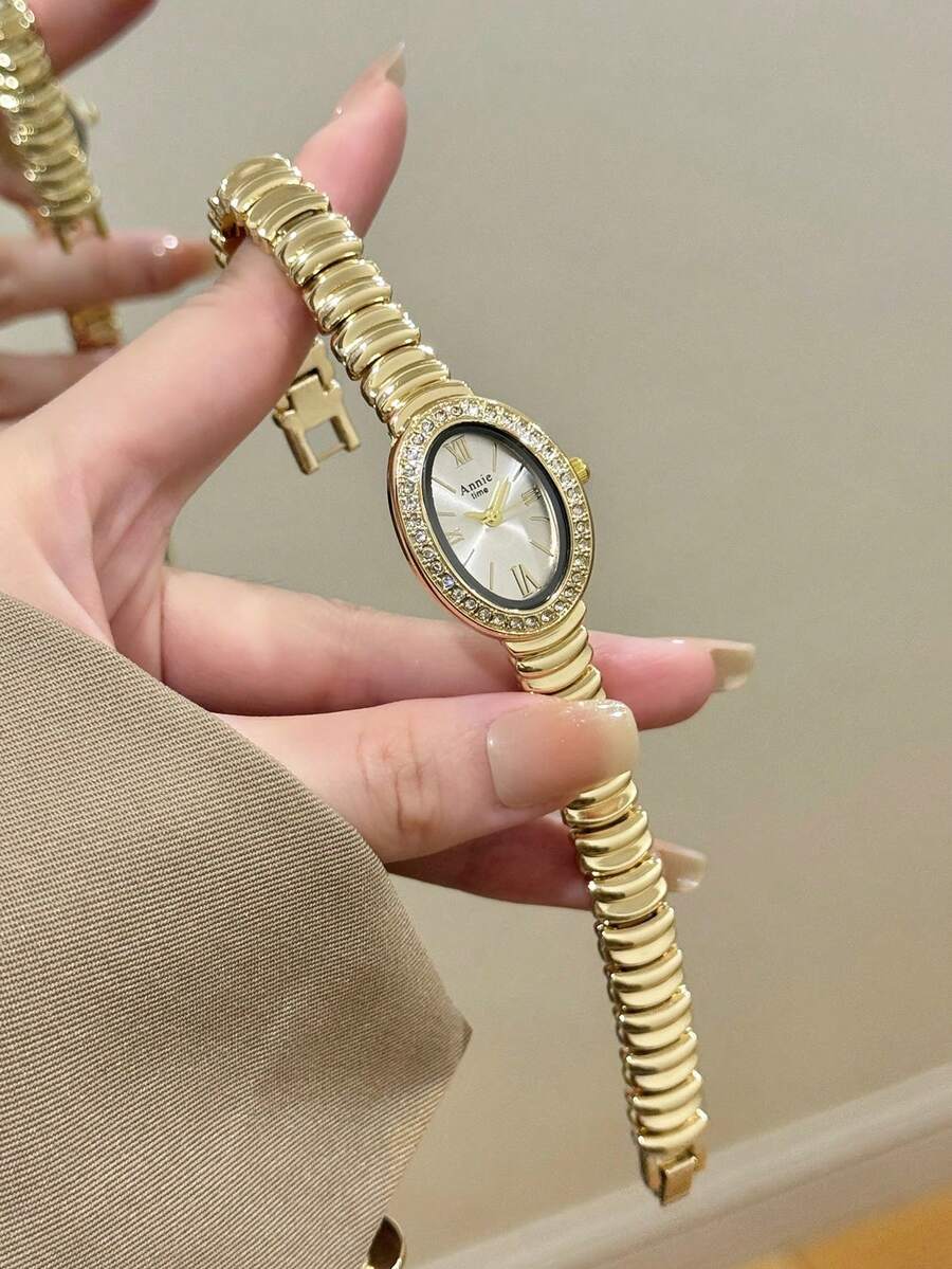 1件裝女款優雅金色手鍊腕錶,小巧耐用時尚方型螢幕,迷人送禮首選,適合日常配戴 - 金色 - 查看 1