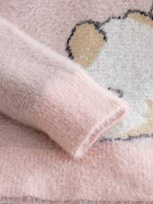 Girls' Sweet & Cute Round Neck Long Sleeve Sweater, Rabbit Jacquard Faux Mink Fur Pullover, Casual Versatile Knit Top For Daily Wear, School, Spring, Autumn, Winter - Pink - View 6