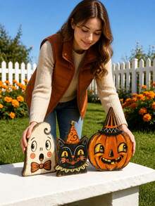 3pcs/1pc Vintage Wooden Halloween Tiered Tray Decor, Ghost Cat Pumpkin Desktop Ornament, Distressed Spooky Farmhouse Style Fireplace Window Sill Indoor Autumn Holiday Decoration - Multi-color - View 6