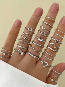 28pcs Heart-Shaped Fashion Minimalist Rhinestone Bohemian Geometric Women's Ring Set - Silver - View 2