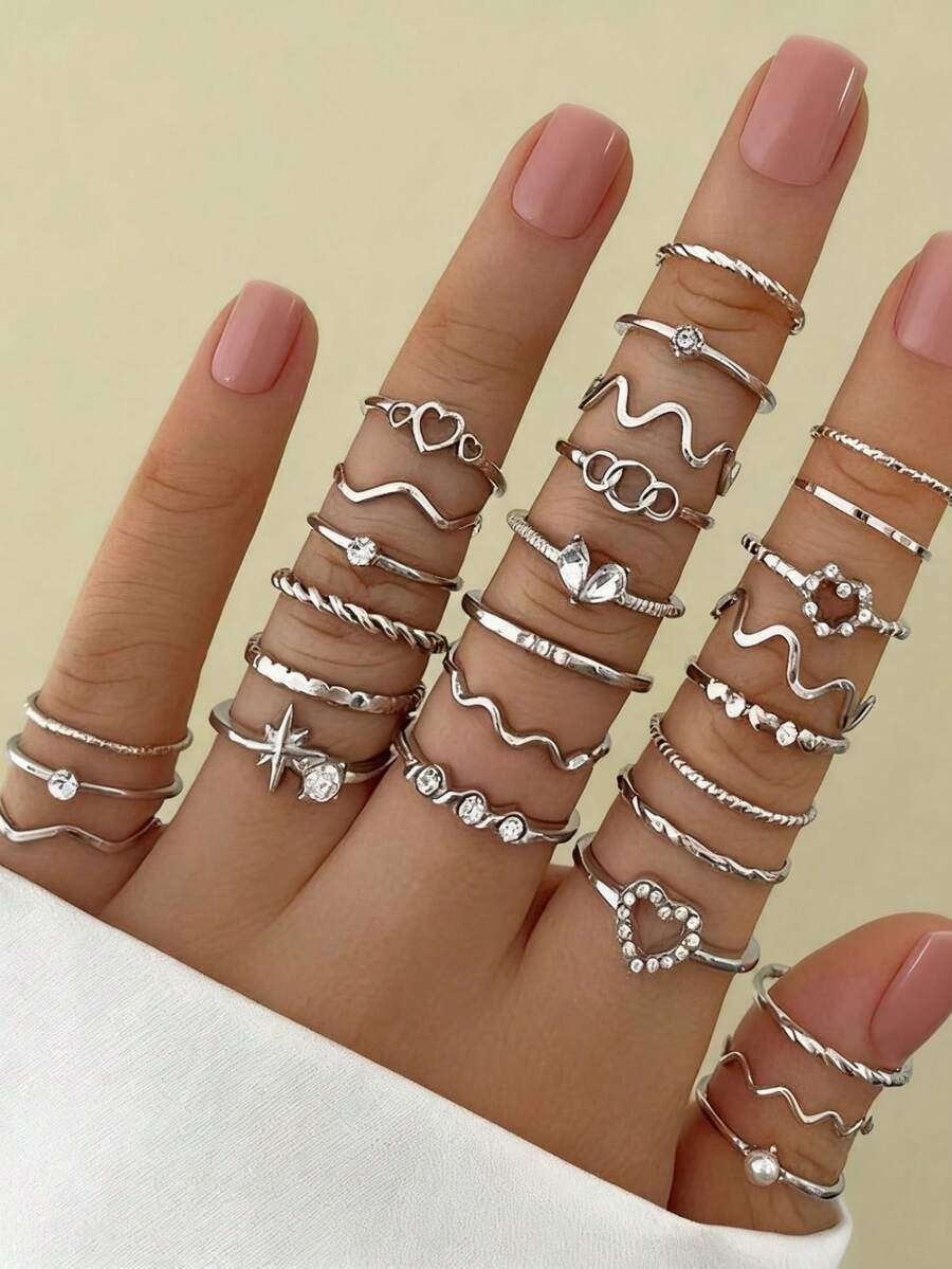 Set Cincin Wanita Bentuk Hati Minimalis Modis dengan Hiasan Berlian Imitasi Gaya Bohemian Geometris, Isi 28 Buah - Perak - View 1
