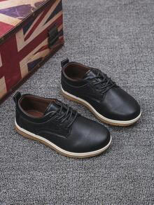 1 Pair All-Season British Style Unisex Kids Oxford PU Leather Shoes, Lace-Up Soft Sole Non-Slip, School Wedding Formal Comfortable Casual Flat Shoes - Black - View 2