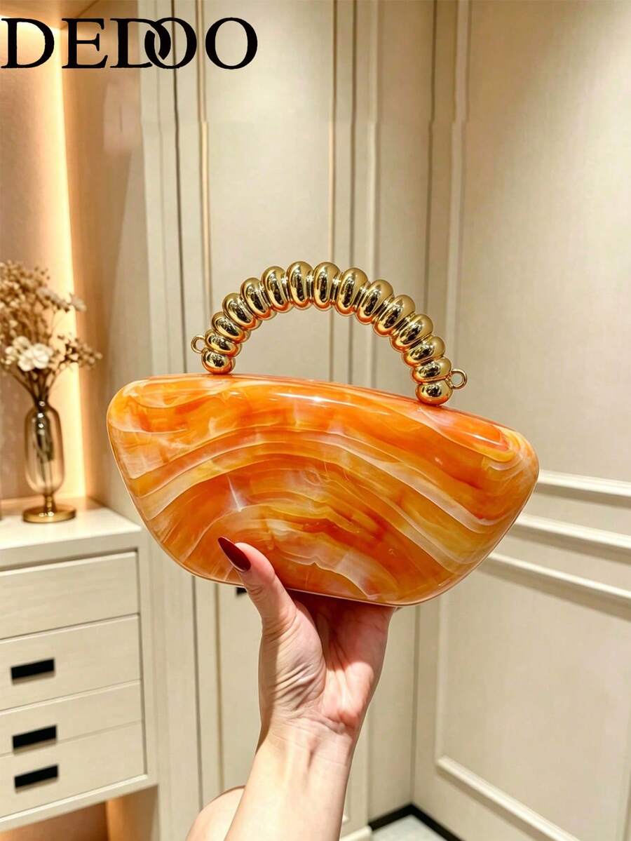 Dedoo 女款晚宴手拿包，弧形梯形硬殼錢包，橘色大理石旋渦圖案，現代時尚手提包，適合婚禮、度假、派對