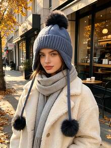 1pc Women's Knitted Pom Pom Beanie Hat, Fashion Warm Earflap Flight Hat, Korean Style Face-Slimming Cold Weather Cap, Ski Ushanka Hat, Autumn/Winter - Multicolor - View 7