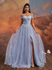VIPGIRL Elegant Women's Off-Shoulder Mesh A-Line Ball Gown, Slit Design, Zipper Detail, Long Formal Bridesmaid Dress - Baby Blue - View 4