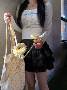 奶油白荷葉邊飾女款夏季芭蕾風高腰顯瘦蓬蓬蛋糕裙 - 黑色 - 查看 2