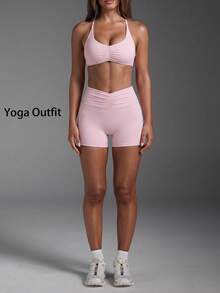 Women's Casual Sports 2 Pieces Set, Ruched Bust Cross Back Sleeveless Top, Ruched Waist Butt-Lifting Tight Shorts, Suitable For Yoga, Daily Wear - Pink - View 6