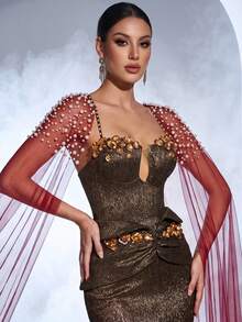2 buah Aksesori Jala untuk Gaun Pesta dengan Hiasan Manik-manik Mutiara Warna Burgundy yang Dapat Dilepas, Cocok untuk Gaun Pesta - MultiWarna - View 4