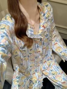 2pcs/Set Women's Pajamas Loungewear Set, Lapel Lace Patchwork Cute Pattern Print Cardigan Long Sleeve Pants, Easy Care Fabric - Multicolor - View 6