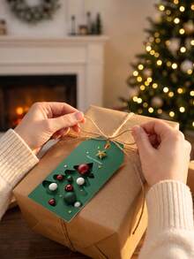 49pcs Christmas Pine Tree & Gold Star Gift Tags - Holiday Hanging Tags, Suitable For Packaging And Gift Box Decoration, Rustic Style Gift Wrapping | Artistic Gift Tags - Christmas Tree - View 4