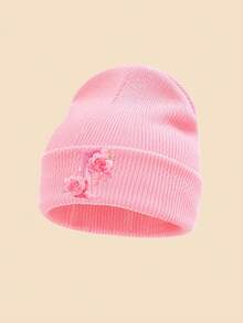 1 Peça Gorro de Tricô Rosa Infantil, Estampa Floral de Letras A-Z, Chapéu Quente de Outono/Inverno, Macio e Confortável com Punho Dobrado, Adequado para Uso Diário, Pode Ser Usado como Presente - Rosa chiclete - Visão 35