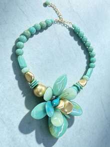 Turquoise‑Green Beaded Statement Choker, Large Flower Pendant Necklace With Gold Accent, Boho Bold Collar Jewelry For Women Vacation Party Daily Wear - Multicolor - View 7