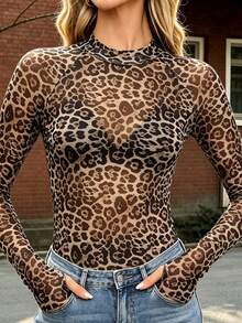 Sexy Leopard Print Tops, Fall Halloween Casual Wear Autumn Leopard Print Stand Collar Mesh Top - Bronze - View 5