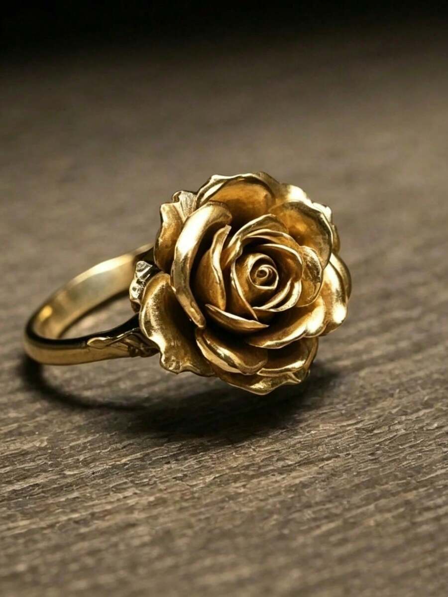 1pc Exquisite Women's Rose Flower Ring Valentine's Day Gift, Festival Gift Retro Exaggerated Engagement Wedding Bride Flower Ring Jewelry - Ring - View 1