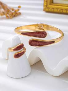 2pcs Fashionable New Gold-Plated & Artificial Drip Oil Coffee Brown Water Drop Shaped Women's Bracelet And Ring Jewelry Set - Coffee Brown - View 2