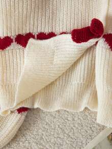 Soft Red & White Heart Jacquard Pullover Knit Sweater, Handmade Bow Tie Loose Lantern Sleeve Faux Cardigan Design Soft Fluffy Sweater Top - Apricot - View 7