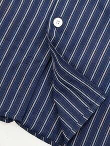 WAIT HIM Men's Casual Striped Long Sleeve Shirt, Polyester Blend - Navy Blue - View 7