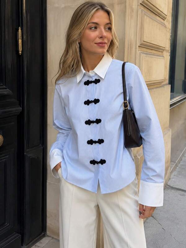 Women's Fashion Street Style Contrast Color Long Sleeve Shirt With Frog Buttons For Vacation
