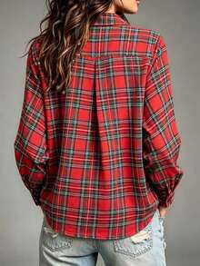Women's Flannel Plaid Pocket Long Sleeve Comfortable Cotton Blend Shirt, Casual, Suitable For Outings, Weekends, College Style, Commuting, Button-Down Collar Shirt, Autumn Outfit, Back To School And Campus Wear, Suitable For Autumn/Winter, Women's Party Shirt, Women's Autumn Long Sleeve Top, Christmas And New Year Wear, Christmas Outfit - Red - View 2