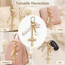 Fashionable Cross Faux Pearl Butterfly Heart Keychain Bag & Phone Pendant - Pink - View 2