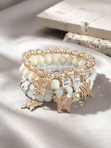 Casual Vacation Style Multi-Layer Elastic Bracelet Set, Girly Pink Beads With 3D Butterfly Decor Hand Jewelry - Multicolor - View 2