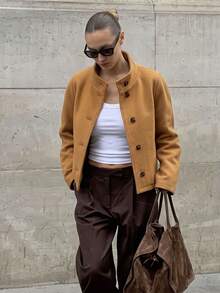 Jaket Pendek Wanita Warna Cokelat Muda dengan Kerah Tegak dan Kancing, Terbuat dari Campuran Wol, Lengan Panjang, Longgar, Minimalis, Gaya Streetwear Kasual Prancis untuk Musim Gugur - Khaki - View 7