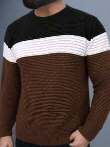 Men's Knit Sweater Crew Neck Long Sleeve Wool Pullover - 棕色 - 查看 3