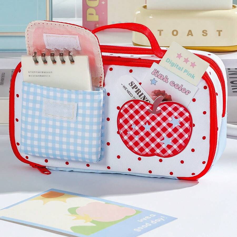 1pc Japanese Sweet Fruit Star House Pencil Case, Large Opening Layered Design For Easy Access, Large Capacity Storage For Pencils, Rulers, Erasers, Cartoon Cloud And Apple Print Sweet And Cute, Suitable For Students' Daily Use, Classroom Learning, Exam Carrying And Desktop Stationery Organization - Pencil Case - View 1