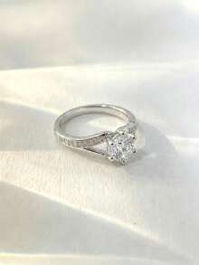 1pc Elegant Classic S925 Sterling Silver 6-Prong Single CZ Diamond Split Band Ring For Women, Engagement Promise Daily Anniversary Gift - White Gold - View 2