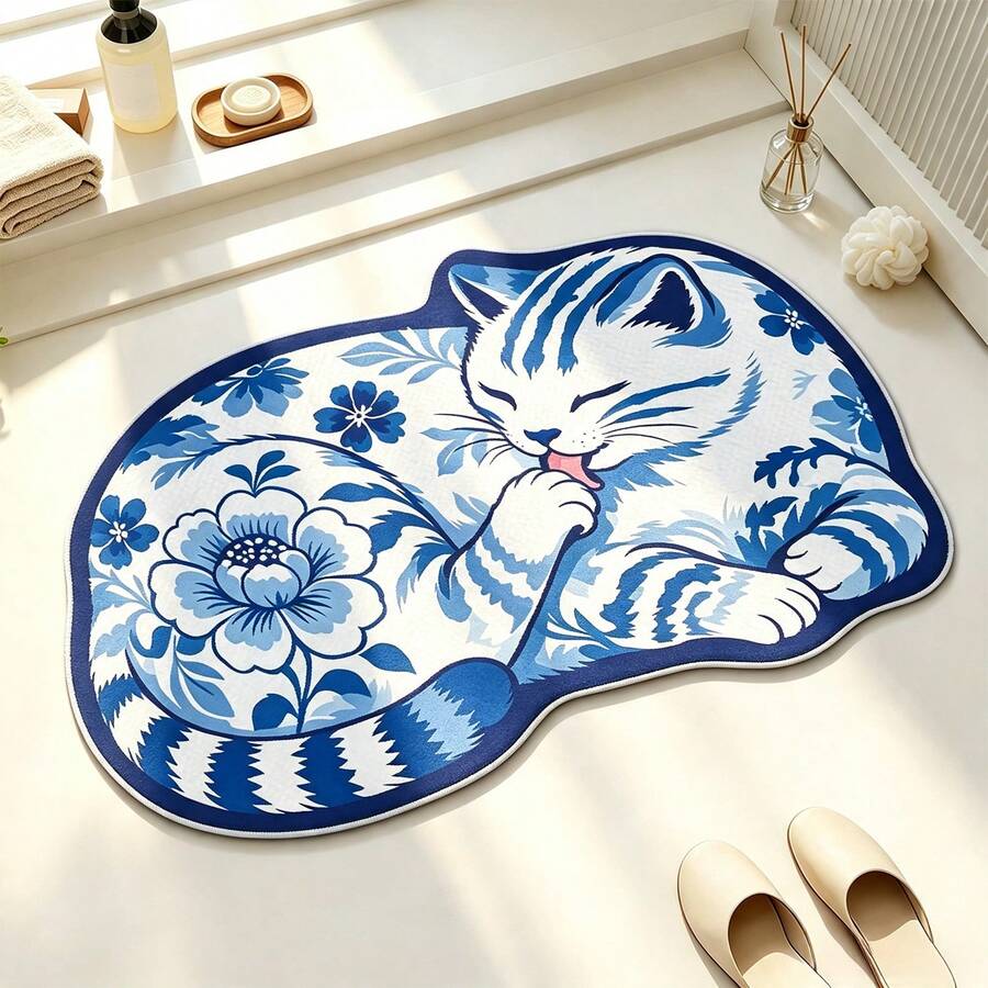 1pc Bathroom Rug, Short Plush Material With Designer Cat Print Pattern, Artistic Silhouette Design, Place At Shower Door, Easy-To-Clean Home Decor Carpet, Enhances Home Experience. Soft Texture, Comfortable Foot Feel, Can Be Placed In Bathroom, Beside Sink, Entryway And Other Areas - Baby Blue - View 1